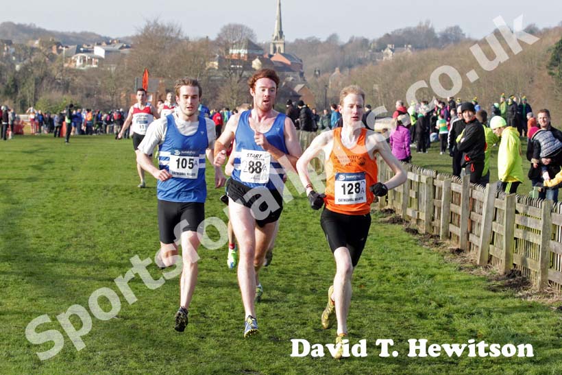 Dan Garbutt (Durham City), 288 Richard Morrell (Morpeth B) and Matt Nicholson (Morpeth) on the first leg of the Durham Cathedral Relays senior mens race.